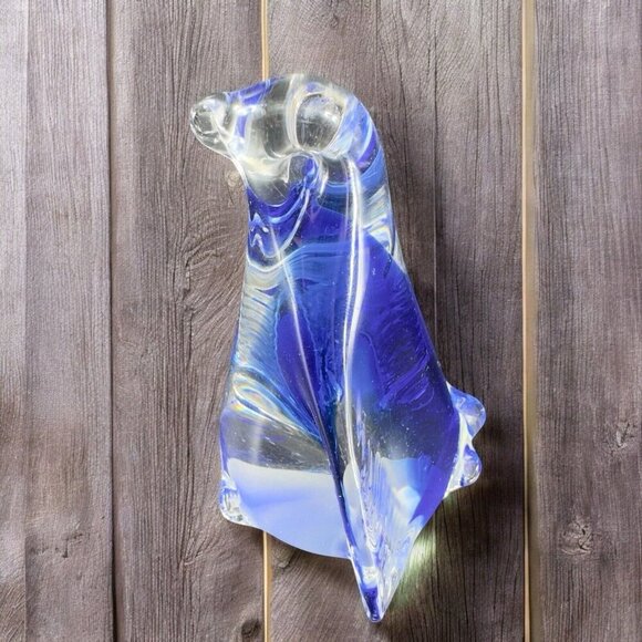 1980s Art Glass Penguin Bird Figurine Blue Clear Spots Vintage Decor Paperweight - Picture 1 of 12